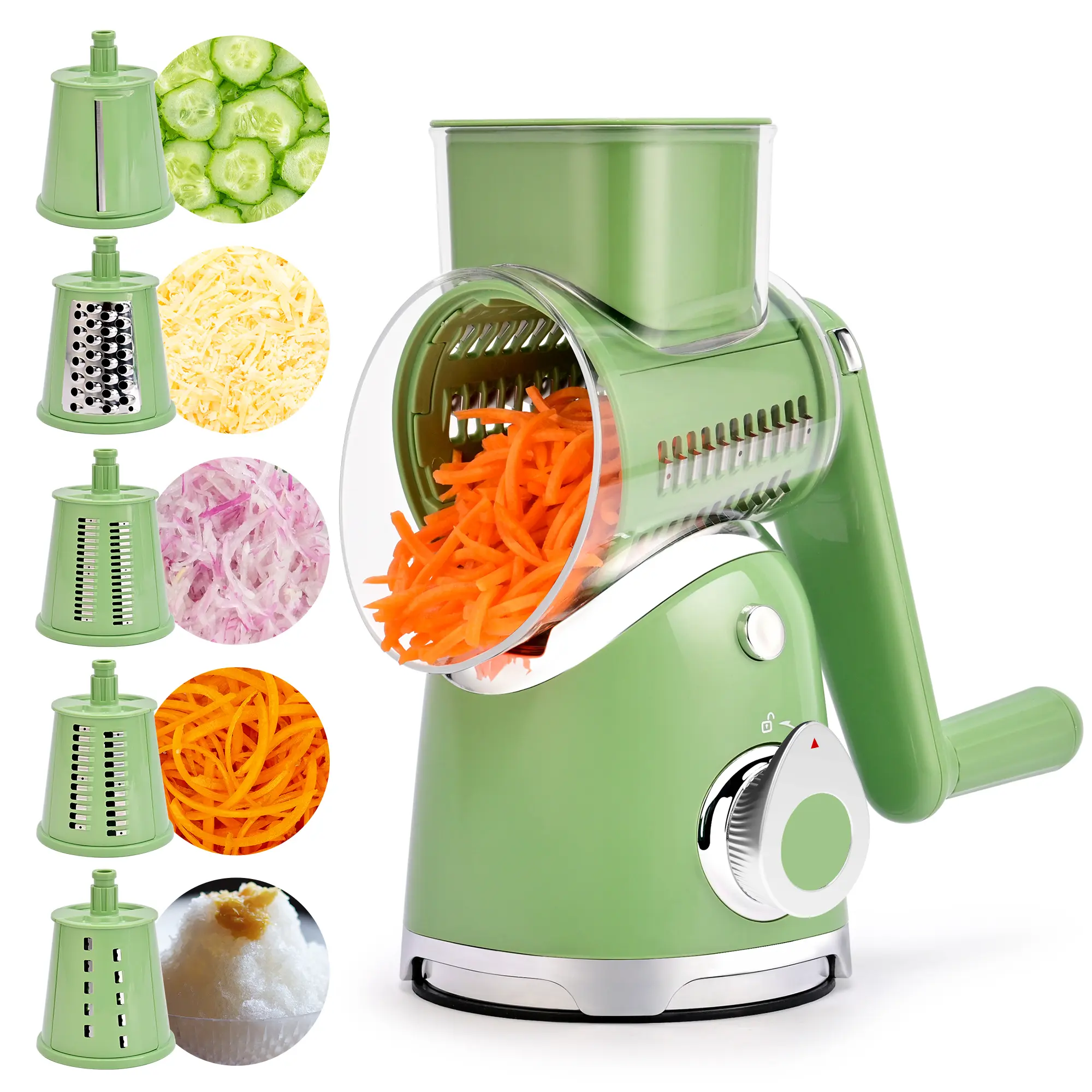 SUSTEAS Stainless Steel Vegetable Chopper - Green Kitchen Food Processor Utensil with 6 Replaceable Blades, Strong Suction Cups, Easy-to-Clean, Durable, Convenient Storage for Quick Chopping, Blade