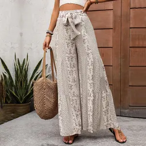 High-waisted lace-up wide-leg casual wide-leg trousers