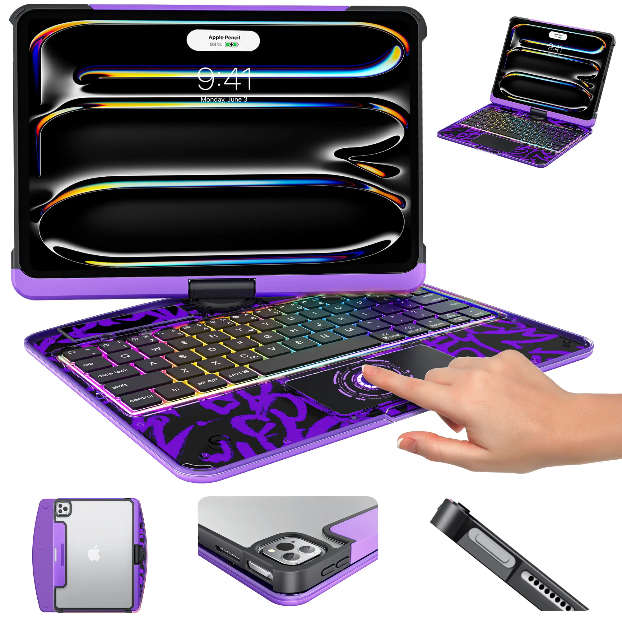 Y2K Dopamine Vibes iPad MagicCase Compatible with Apple iPad (8.3'/10.2'/10.9'/11'/12.9'/13 inch )ipad 7-11th(A16)/ipad air(2022-2026) / ipad pro (2018-2025) and ipad mini,– 360° Spin, RGB Backlight, Touchpad, Clear Back, Stylus Slot & Type-C Charging