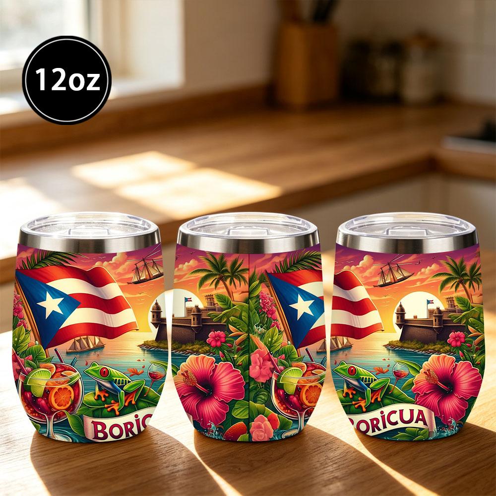 Puerto Rico Boricua Tumbler, Tropical Paradise with Flag, Coqui Frog, Rum Punch, El Morro, Hibiscus, 12/18/20oz Stainless Steel Insulated Cup, Keeps Cold/Hot for Hours, Ideal Gift for Puerto Rican Lovers
