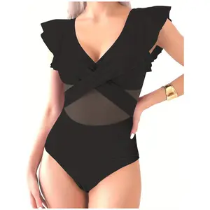 Womens One Piece Swimsuits Tummy Control Bathing Suits V Neck Ruffle Sleeve Mesh Swimsuit Full Coverage Swimwear 2026