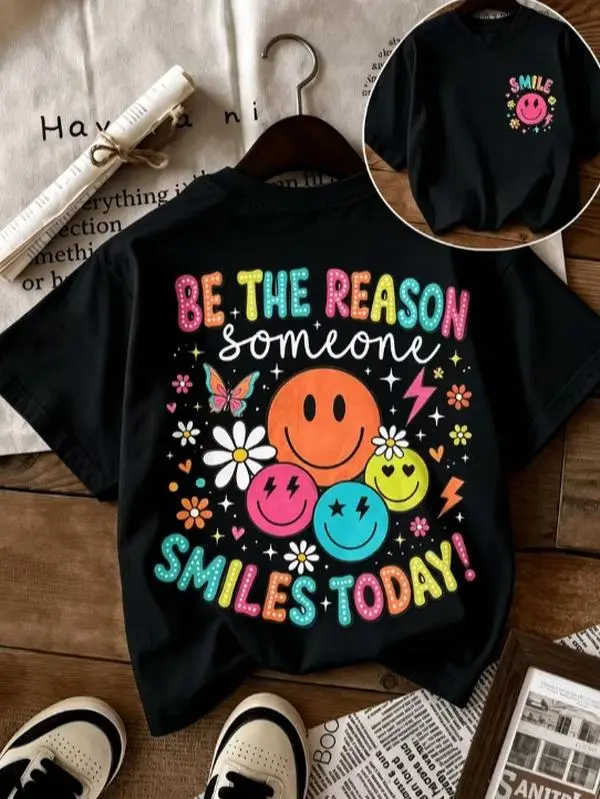Women's Plus Size Smiling Face & Butterfly Print T-Shirt - Loose Fit Short Sleeve Crew Neck Elegant Special Line Top | Machine Washable Summer Casual Streetwear Suitable for - Wear, Everyday Outfits (Non-)