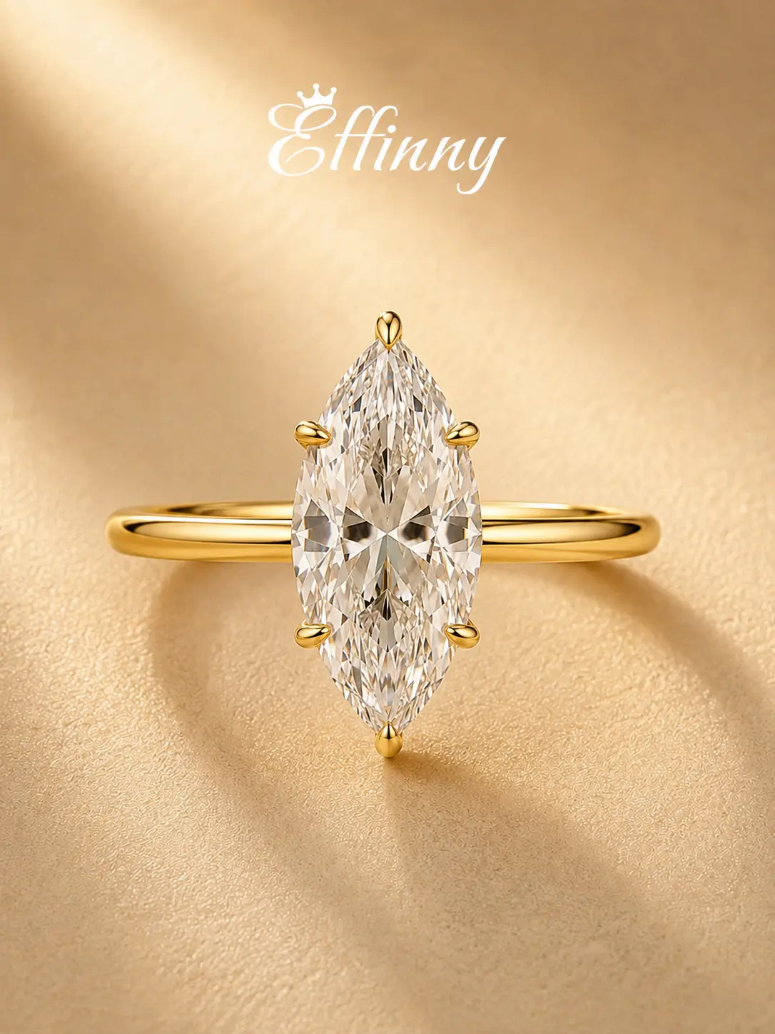 Effinny 925 Sterling Silver 4.5ct Solitaire Marquise Cut CZ 14K Gold Plated Engagement Ring, Non-Tarnish  Promise Lucky Ring for Wedding, Travel, Special Occasion
