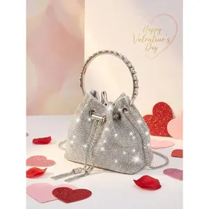 CYX Valentine's Day Luxury Rhinestone Bag, Shiny Diamond Bucket Bag, Designer Crossbody Bag, Evening Clutch, Shoulder Chain Bag, Elegant Bags, Embellished Shoulder Bag