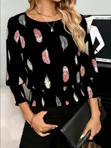 Women's Elegant Casual Feather Flower Print Detail Top, Round Neck Medium Sleeve Shirt, Spring Summer Fall Fashion Blouse Womenswear