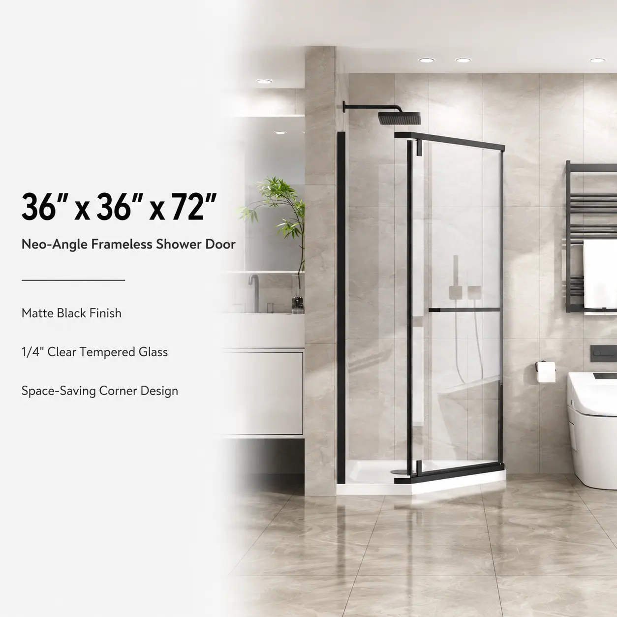 36" x 36" Neo Angle Frameless Shower Door, Matte Black Pivot Corner Shower Enclosure, 1/4" Clear Tempered Glass