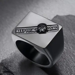 Keep Fucjing Going Skull Rings for Mens, Square Signet Ring for Dad Father Jewelry Gift for Him, Stainless Steel Gothic Punk Skeleton Men's Biker Ring