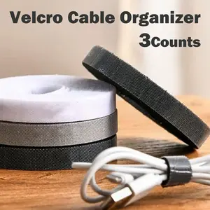 3 Counts Reusable Fastening Tape Interlocking Fastener Roll - Roll Material Pairing for Multi-Object Binding，Grey&Black&White