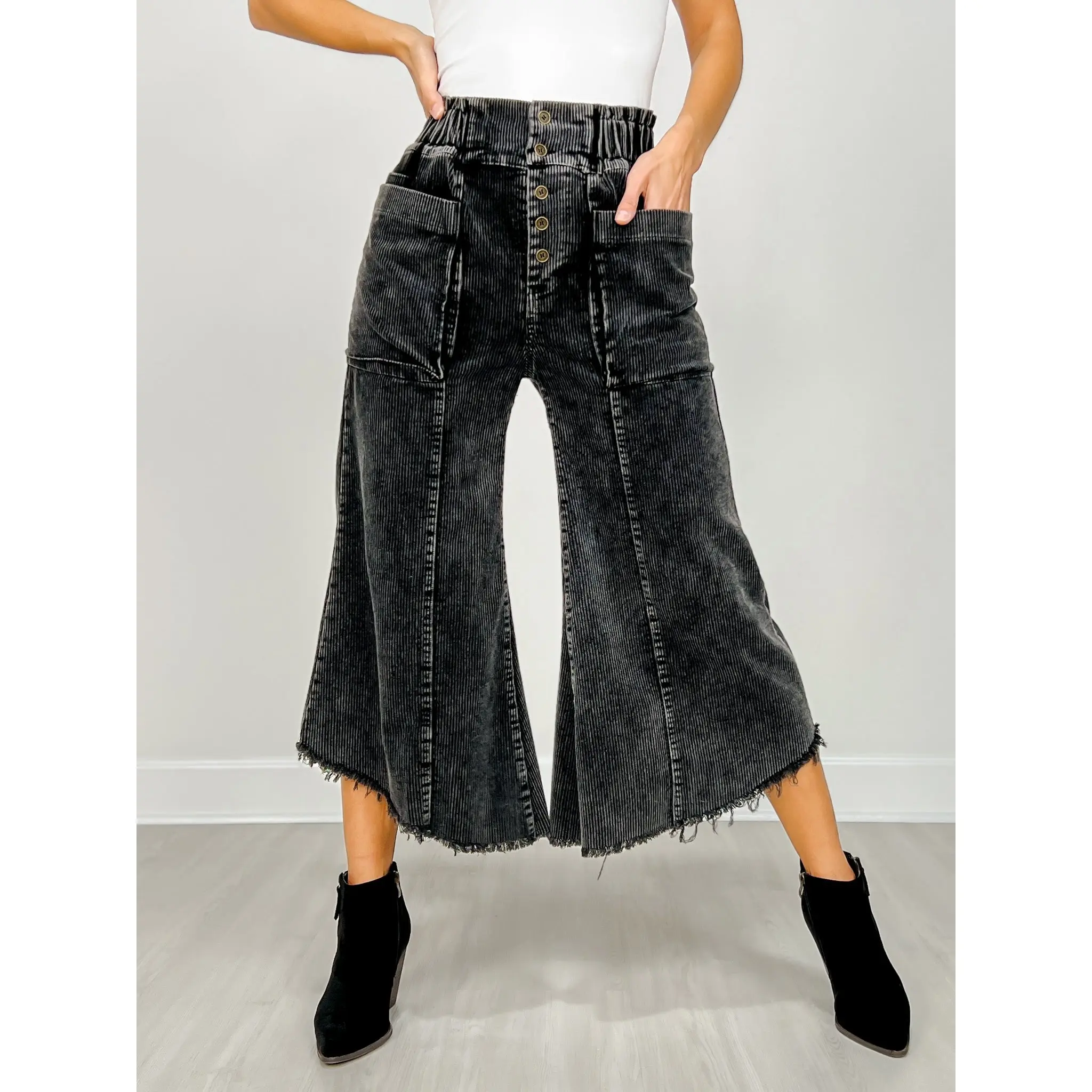 Mineral Wash Cropped Fray Hem Corduroy Wide Pants