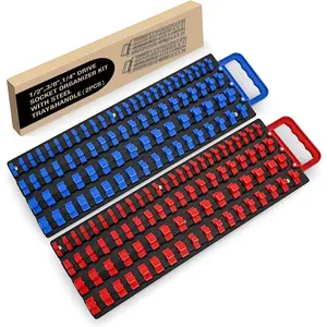 Socket Organizer Tray 1/4 inch 3/8 inch 1/2 inch Socket Holder Portable Socket Rail Organizer Trays for Tool Box Drawer, 2Pcs Set Holds 160-Piece SAE Metric Socket, Blue & Red