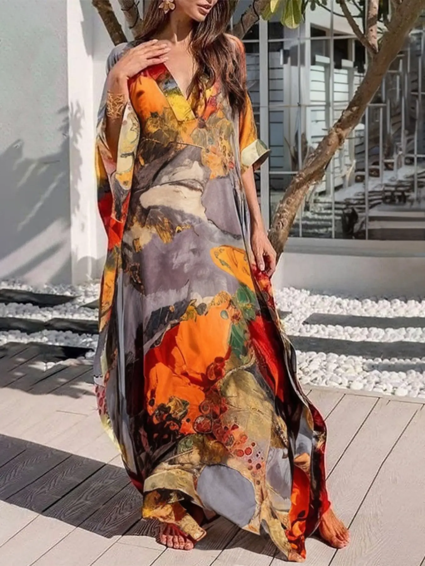 Art Print Long Robe Dress, Boho Casual Style Batwing Sleeve Loose Fit V Neck Summer Beach Party Dress, Elegant Women's Fashion, Perfect for Casual Wear & Special Occasions, Bohemian Casual Wear