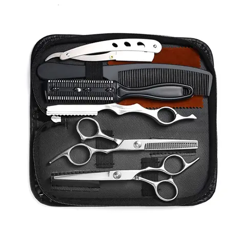 8PCS Professional Ergonomic Hair Cutting Scissors Kit - Anti-Corrosive Stainless Steel Metal Haircare Tool Set with Thinning Shears, Adjustable Straight Razor, Combs, Hairline Tool, Storage Case for Barbers, Adults Daily Care