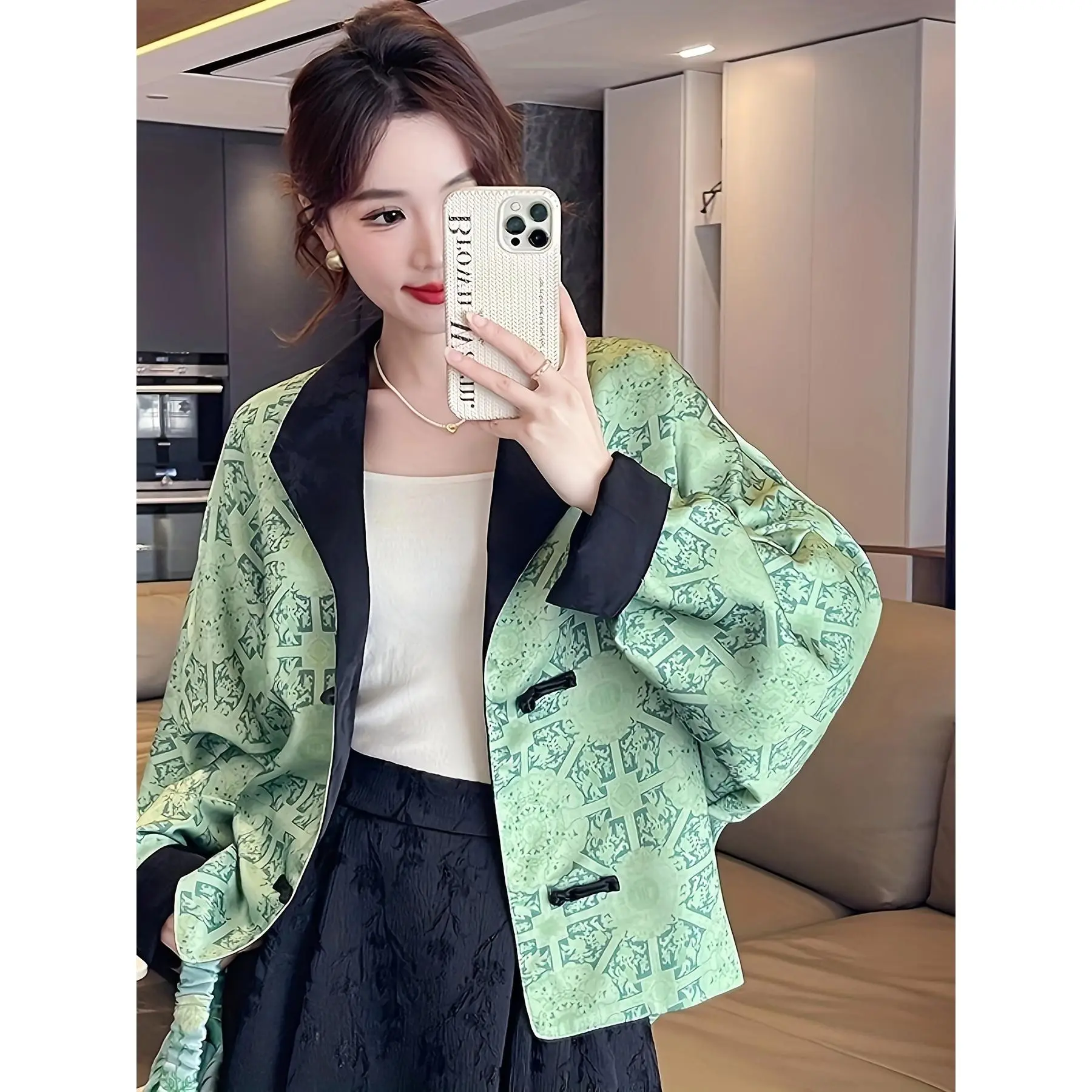 Color Block Floral Pattern Tang Jacket, Chinese Style Long Sleeve Plate Buckle Tang Jacket, Women's Clothing