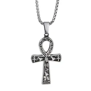 Egyptian Necklace Ankh Cross Pendant for Men Women Stainless Steel Ancient Egyptian Hieroglyphic Symbol of Life with box Necklace 22+2 Inch
