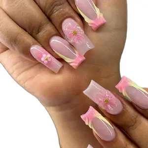 24Pcs 3D Gelnail Makes Design Medium Square French Tip Press On Nails with 1Pc Jelly Glue & 1Pc Nail File Easy Wear Summernails for Women & Girls Daily Use Rave Party