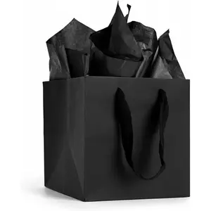 12 Pack 8"x8"x8" Black Square  Bags with Ribbon Handles -  Thick Paper Bags for Boutique Shopping,  Gifts, Birthdays, Weddings,  Showers, Parties & Retail