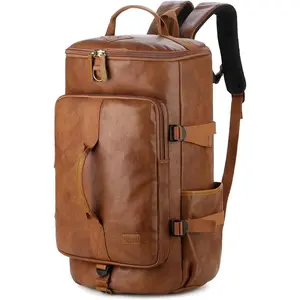 Stylish Vegan Leather Men Weekender Travel Duffel Tote Bag Backpack Travel Hiking Rucksack Overnight Bag 3-Ways Convertible HB-26 (Brown)