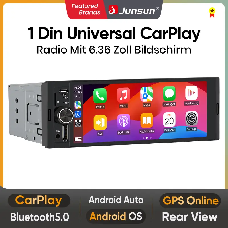 Junsun Single DIN Car Stereo with CarPlay and Android Auto, Radio 1 din with Reversing Camera FM Type-C Port Function, Car Monitor Screen, Car Head Unit