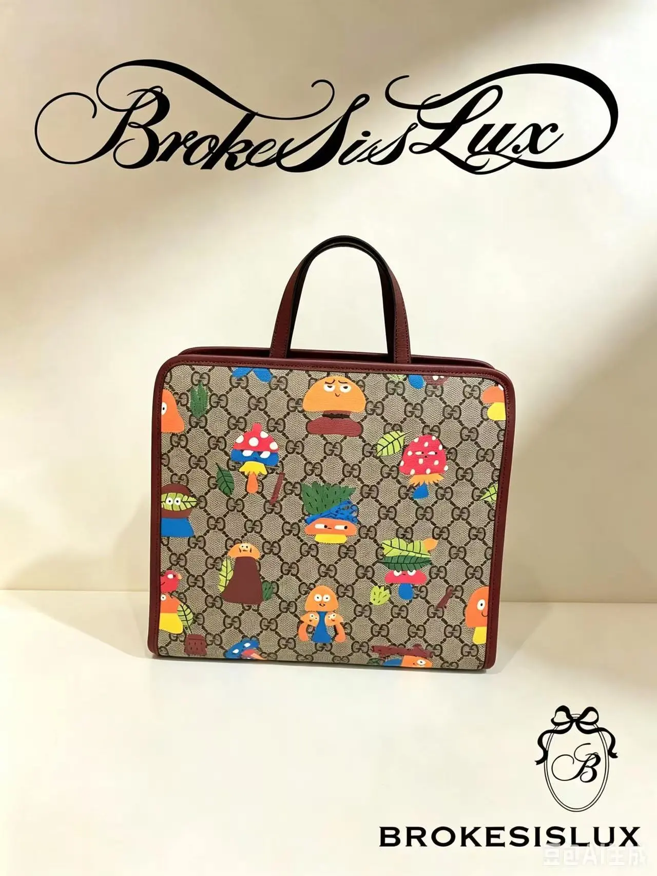 Pre-owned GUCCI GG Supreme Tote Whimsical Cartoon Mushroom Allover Print | Burgundy Leather Trim & Handles
