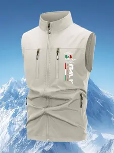 Men's Casual Vest Jacket Gilet, Text Print Stand Collar Multi-Zipper Pockets Breathable Quick-Dry Workwear, Suitable for Fall Winter Outdoor Sports Running