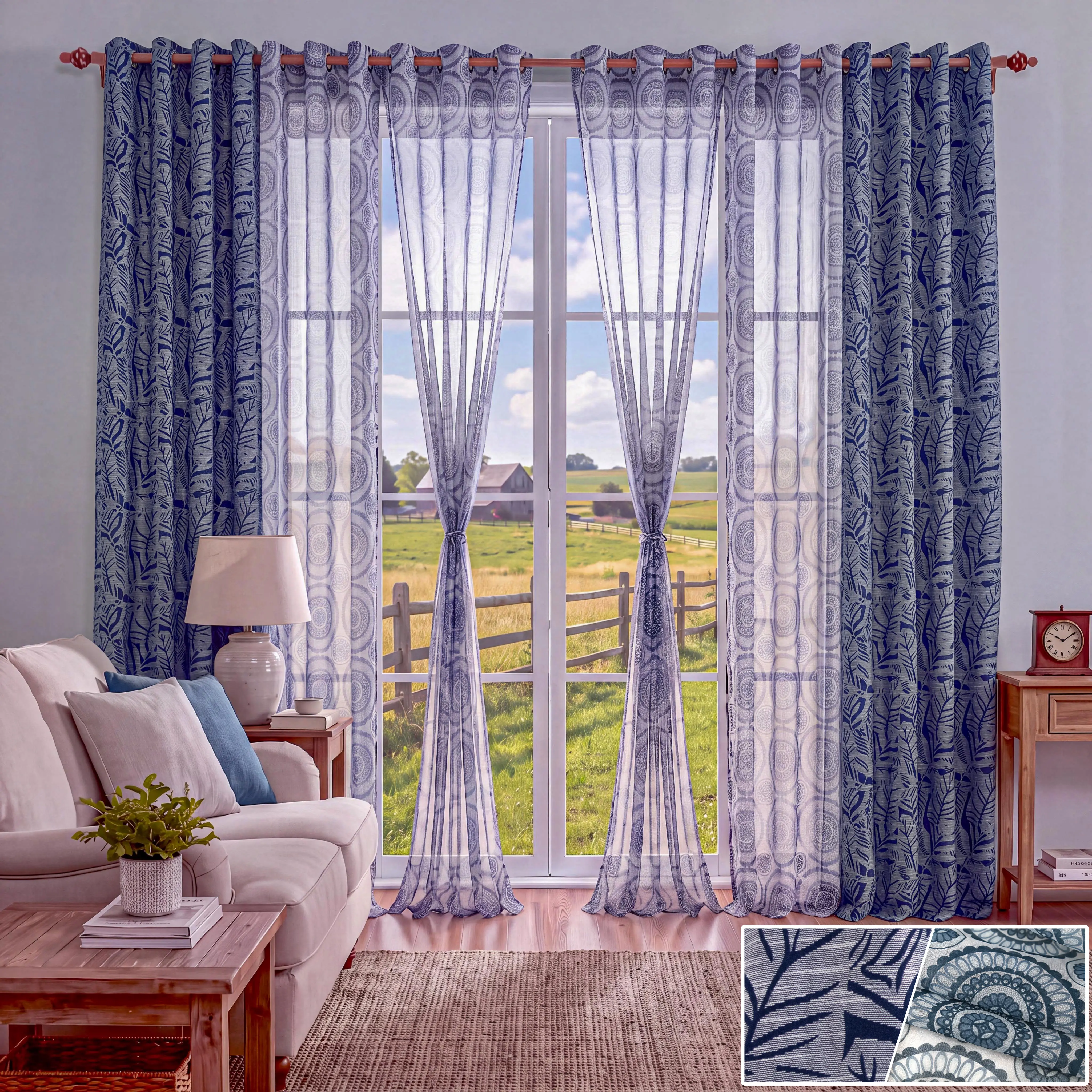Blackout Sheer Curtains Combo 6 Panels Set, 2 Panels 55x84 Inch Room Darkening & 4 Panels 34x84 Inch Printed Semi Sheer, Thermal Insulated Noise Reducing Grommet Top Window Drapes for Bedroom Living Room Media Room Kids Room Nursery Home Office TH12 MP2
