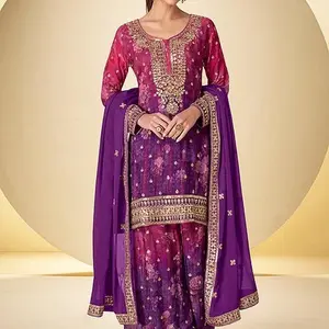 Shaded Magenta Purple Designer Embroidered size 42 Chinon Silk Sharara Suit with Zari Work Mirrors Sequins Digital Print and Embellished Border for Mehendi Haldi Party Wear Festival