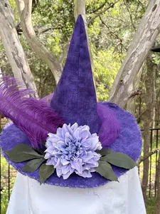 Wisteria Veil Witch Hat | Feather & Lavender Dahlia – Moonspell Hollow™