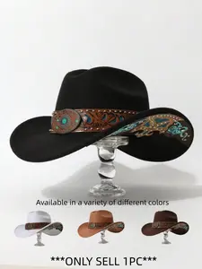 Vintage Carved Western Cowboy Hat, Turquoise Stud Wool Felt Fedora, Bohemian Sun Protection Cap, Cross-Border Fashion Accessory, Classic Cowboy Hat