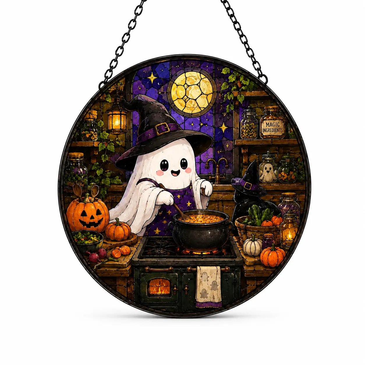 Halloween Ghost Witch Acrylic Suncatcher, Cute Spooky Kitchen Window Hanging Decor, Stained Glass Style Pumpkin Moon Ornament, Fall Witchy Home Decor, Halloween Gift for Ghost Lovers