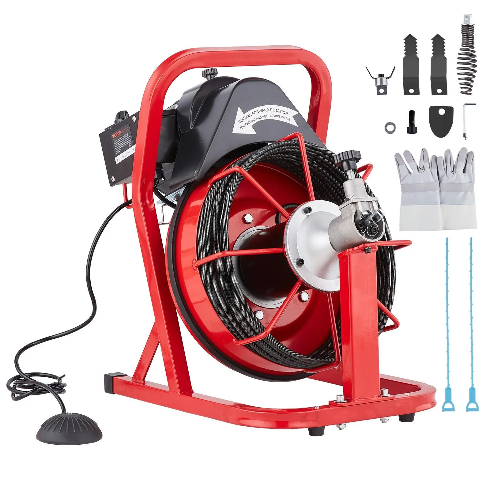 【Summerfinds】VEVOR Drain Cleaner Machine 50FT x 3/8 Inch, Auto Feed Sewer Snake Auger, Electric Drain Cleaning Machine with 4 Cutters & Air-activated Foot Switch for 2" to 4" Pipes