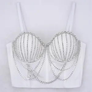 Tank Tops Short Handmade Rhinestone Tassel Glisten High Quality Punk Style Fishbone Sling Wedding Party Blind Date Stage Party Corset Spring Summer Outfits Woman Clothing Bra Blusas Vest Sexy Inner Clothes Shaper Ladies Crop Shirt Tube Top