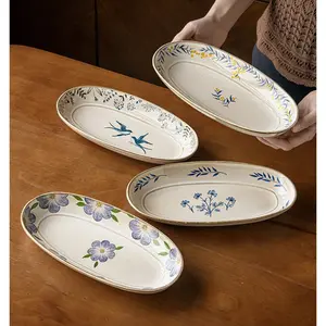 1pc Ceramic Oval Plate, Home Use Steaming Fish Dish, Microwave and Dishwasher Safe, Versatile Food Serving Tray