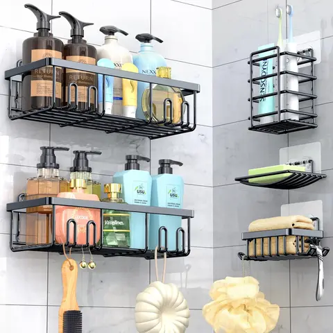 [NEW DEAL] 5 Pack Adhesive Shower Caddy Organizer for Bathroom, Kitchen & Home - Rustproof Stainless Steel Shelves with Hooks - Large Capacity - No Drill