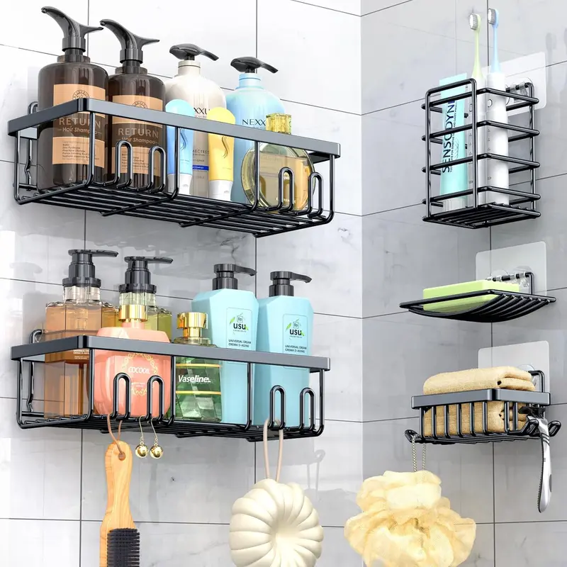 [NEW DEAL] 5 Pack Adhesive Shower Caddy Organizer for Bathroom, Kitchen & Home - Rustproof Stainless Steel Shelves with Hooks - Large Capacity - No Drill
