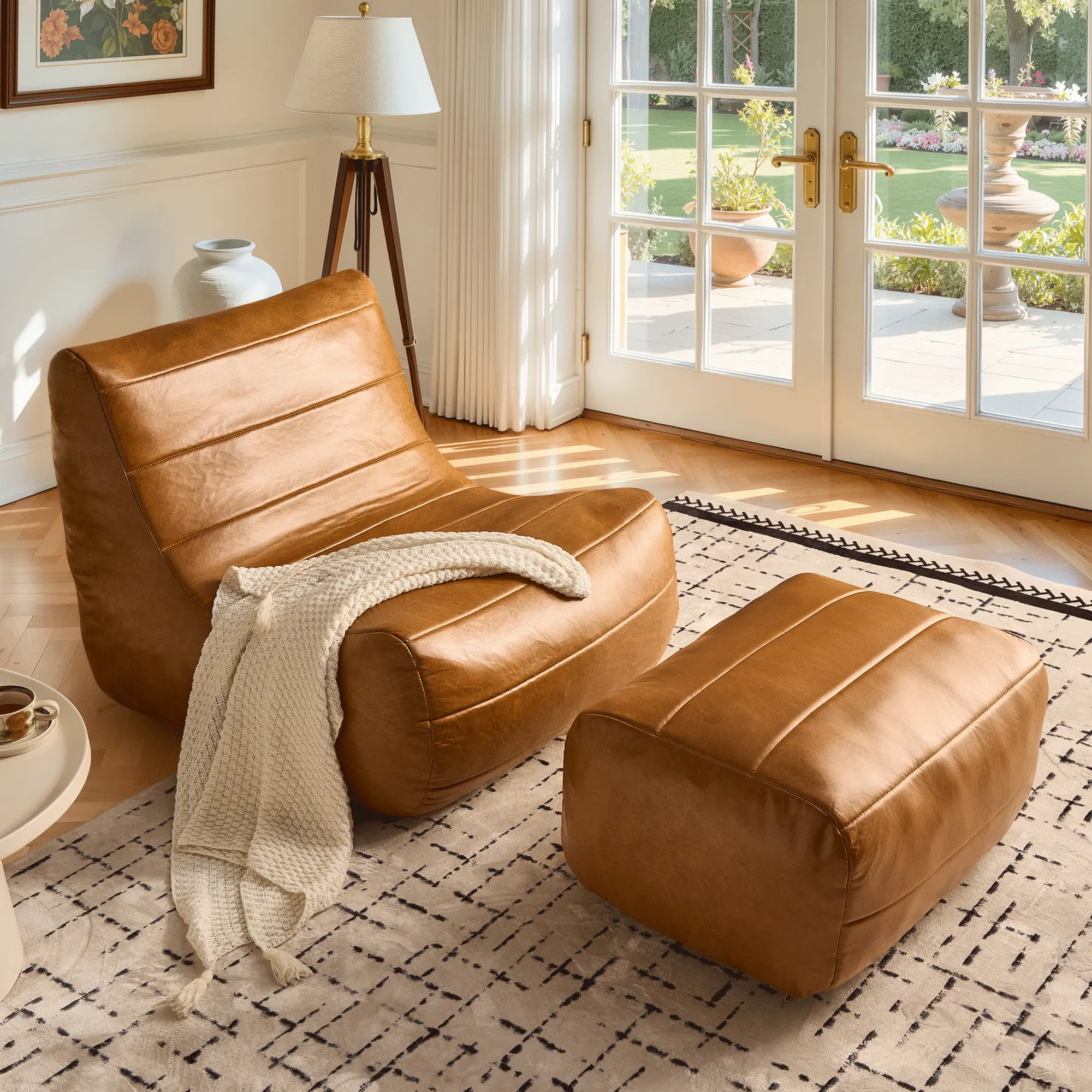 ALTRIGUS Giant Bean Bag Chair With Ottoman Lazy Floor Sofa, Memory Foam Fireside Sofa for Adults, Big Beanbag Faux Leather Armless Chair for Living Room Bedroom Dorm Office