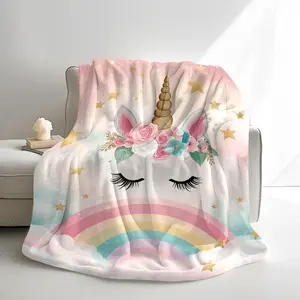 Soft Flannel Unicorn Blanket - 1pc, Digital Print, Polyester, Quilting Craft, Contemporary Style with Rainbow, Stars & Clouds Pattern, All-Season Cozy Throw for Nap, Camping, Travel, Office & Home Decor