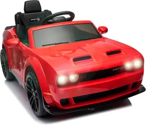 GAOMON Red Licensed Dodge Challenger 12V Kids Electric Ride On Car With Remote Led Lights Bluetooth Mp3 Adjustable Speeds And Safety Features For Toddlers Red