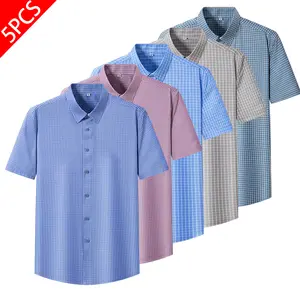 Men's 5-Pack Plaid Short Sleeve Shirts - Menswear Stretch Checked Button Down Tops, Wrinkle Resistant Business Casual Fit Oxford Shirts for Work & Everyday Wear, Shortsleeve