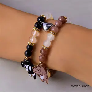 2-Piece Magnetic Couple Bracelets For Men And Women, Heart-Shaped Cat Pendant Wristbands, Romantic Matching Jewelry, Gift For Girlfriend Or Boyfriend