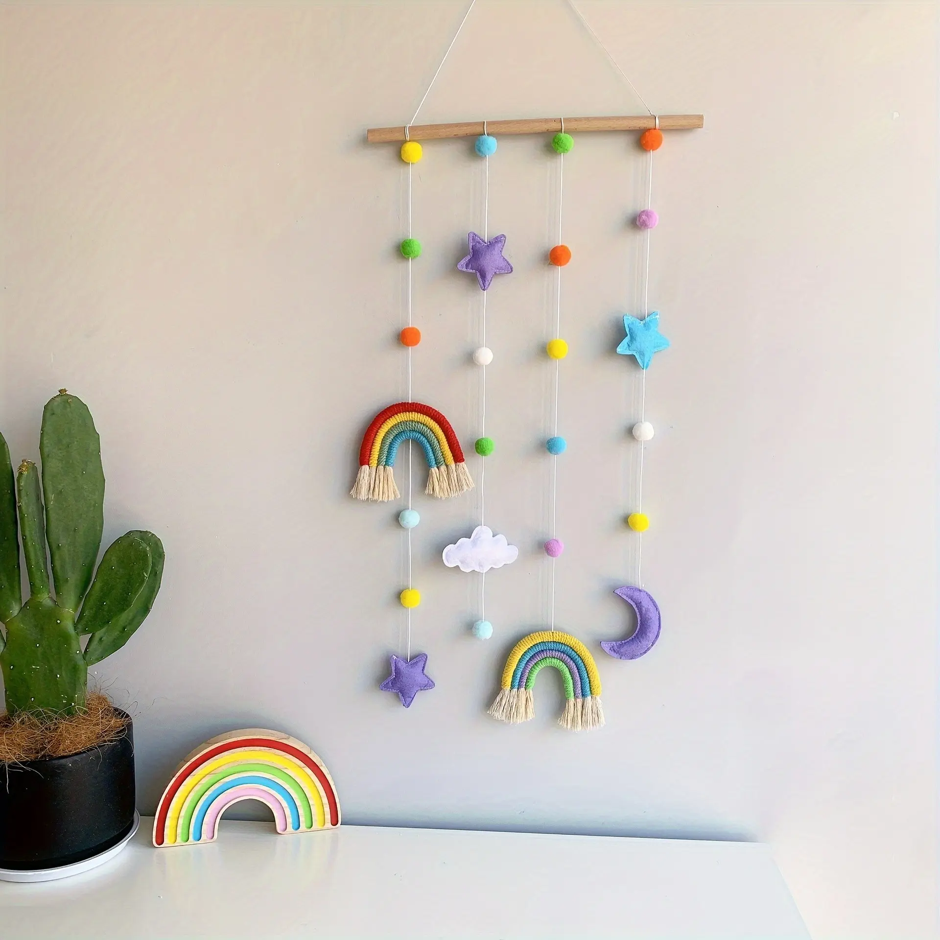 Nordic Style Rainbow Wall Hanging Design, Handmade Cotton String Stars and Moon, Bohemian Decor for Kids Room and Nursery Wall Art Decor, Interior Wall Decor