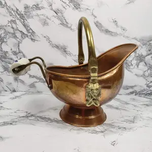 Copper and Brass Delft Handle Coal Bucket Planter Pot Vintage