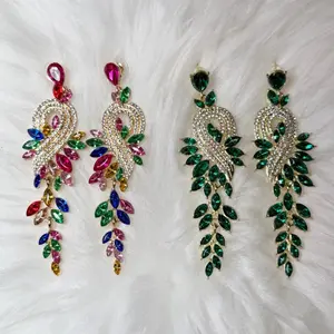 Elegant Rainbow & Green Leaf Earrings with Rhinestones and Gold Tone Settings for Women's Fashion