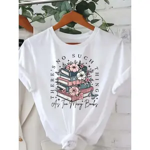 Wo 'S Book Lover'S T-Shirt - "There'S No Such Thing As Too Many Books" Graphic Tee With Book Stack And Floral Design - Soft Everyday Casual Shirt For Book Nights