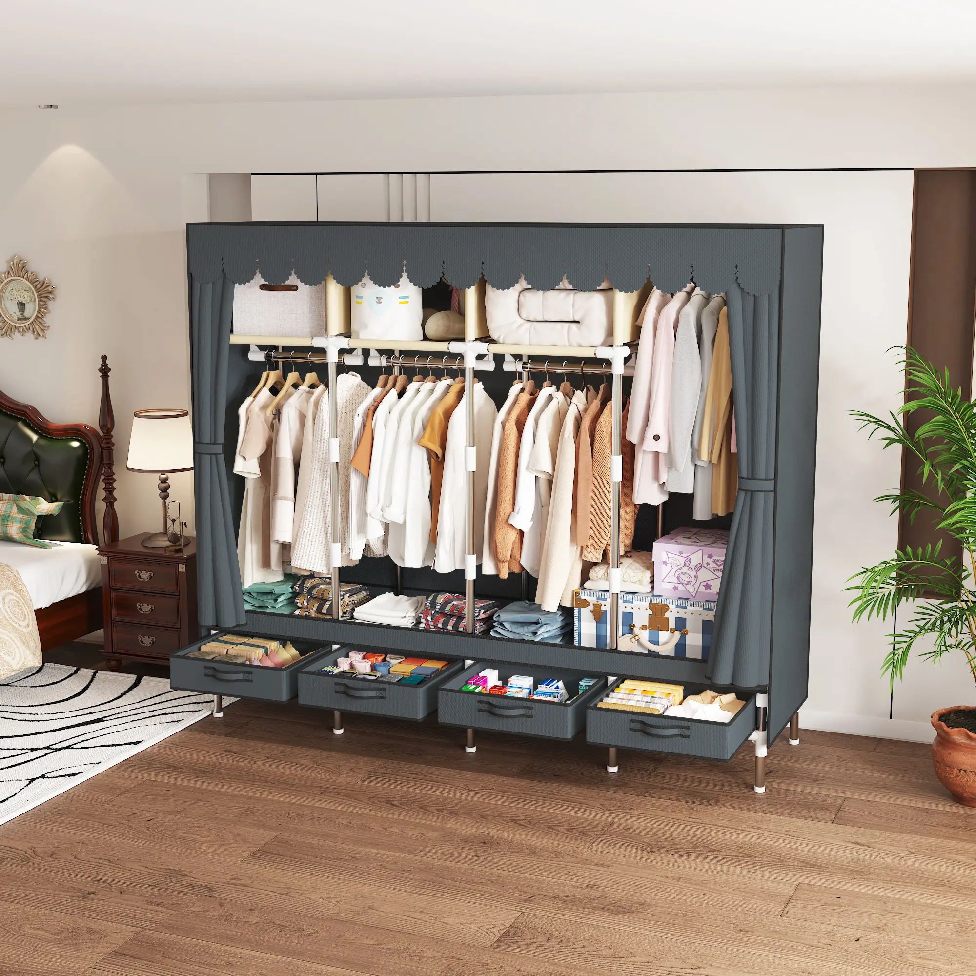ARLUKIN Durable Modern Cloth Wardrobe - Galvanized Steel Reinforced Tubes, 4 Hanging Rods, High-Density Non-Woven Cover, Tool-Free Easy Assembly, Stable, 68.1x18.1x66.9in Large Capacity Freestanding Bedroom Storage (25kg+ Heavy-Duty Portable Closet)