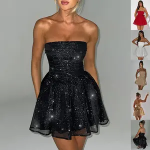 Tube Top Lace Dress With Back Bow-knot Summer Fashion Temperament Mesh Stitching Off-neck Short Skirt，women's clothes，casual dresses，graduation dress