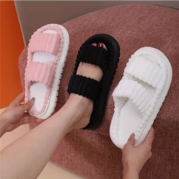 Women's Soft Fluffy House Slippers - Cow Animal Print Open Toe Slides, 2 Double Straps, Lightweight Cushioned All Seasons Indoor Shoes, EVA Sole, Plush Fabric Adjustable Slip-On Footwear