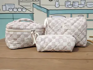 3Pcs Quilted Checkered Makeup Bag Set, Corduroy Cosmetic Pouch, Large Travel Toiletry Organizer, Aesthetic Pencil Case for Women Girls