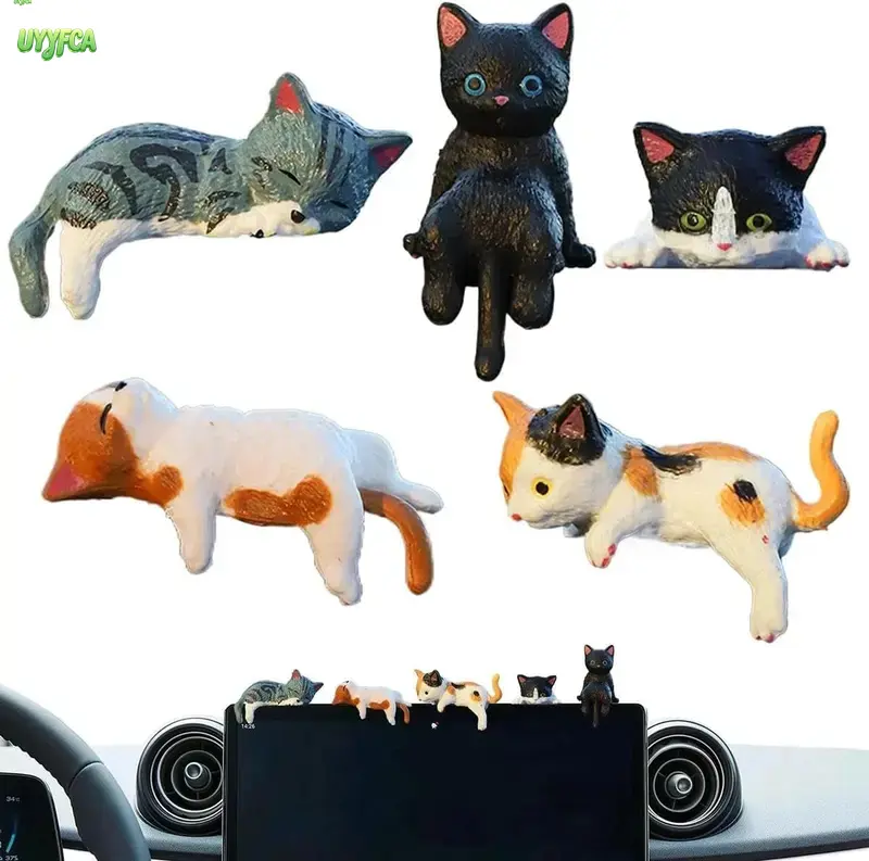 5 PCS Cute Mini Cat Desk Figurines Resin Multi Pose Cat , Kawaii Lifelike Kitty Clip-On Ornaments, Hand-Painted Detailed Sculptures, Stable Edge-Hanging Design, Ideal for Office Desktop, Car Rearview Mirror, Monitor Trim Decor And Cat Lover Holiday Gifts