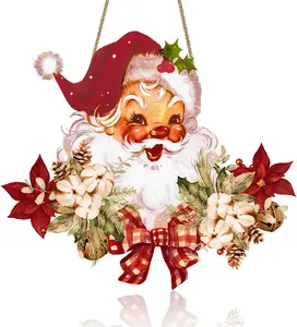 Vintage Style Santa Claus Welcome Sign - Wooden Hanging Sign for Front Door Xmas Wall Hanging Decor for Indoor Outdoor Christmas Party Supplies