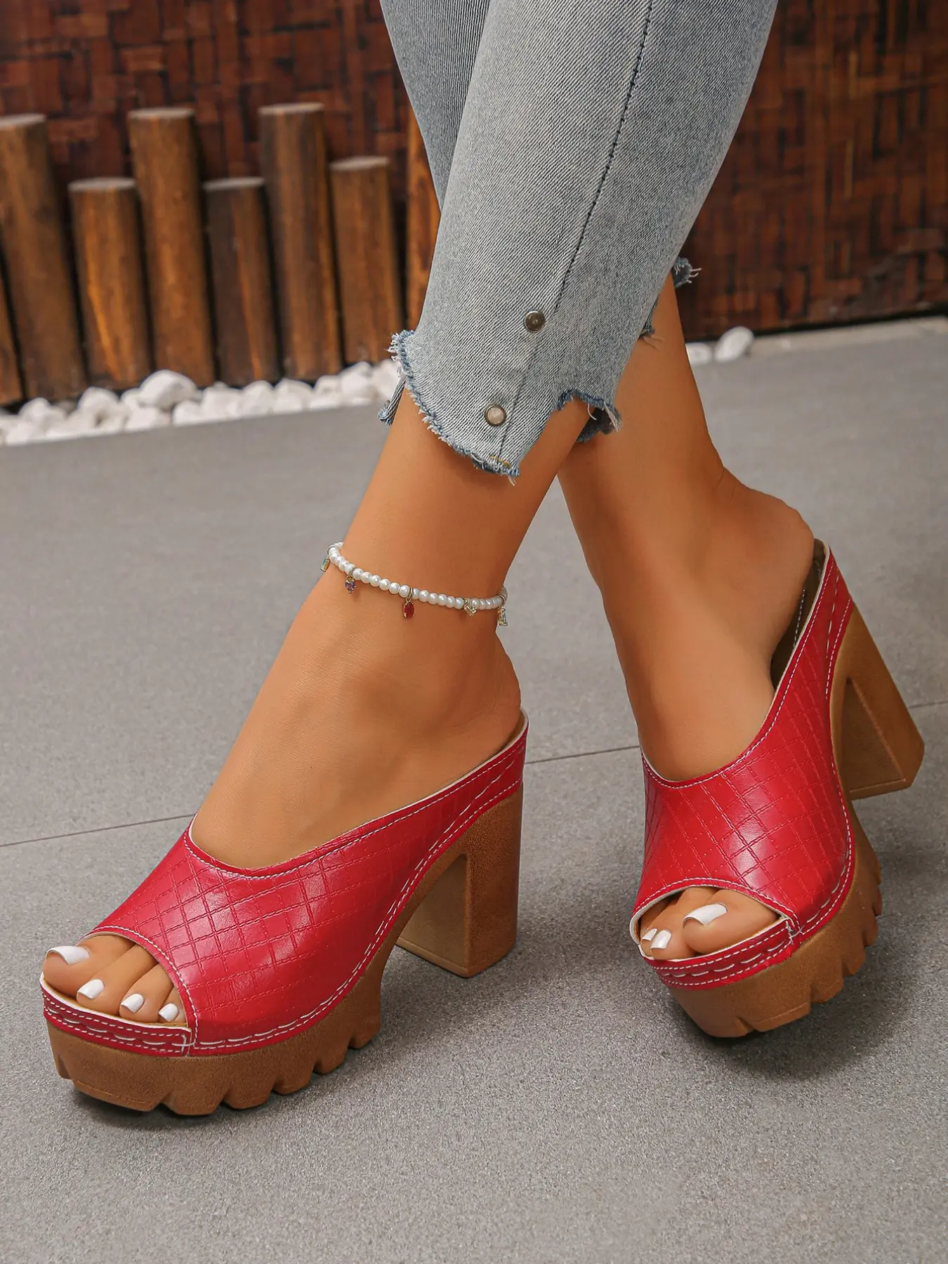 Retro plaid fish mouth chunky heeled sandals for women, waterproof platform block heels thick soled sandals, comfortable breathable, daily wear open toe, versatile for summer commuting, high-heeled women's sandals, Footwear